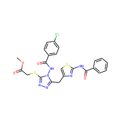 COC(=O)CSc1nnc(Cc2csc(NC(=O)c3ccccc3)n2)n1NC(=O)c1ccc(Cl)cc1 ZINC000028815533