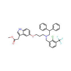 COC(=O)Cc1c[nH]c2ccc(OCCCN(Cc3cccc(C(F)(F)F)c3Cl)CC(c3ccccc3)c3ccccc3)cc12 ZINC000049889460