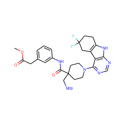 COC(=O)Cc1cccc(NC(=O)C2(CN)CCN(c3ncnc4[nH]c5c(c34)CC(F)(F)CC5)CC2)c1 ZINC000653849269