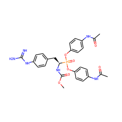COC(=O)N[C@@H](Cc1ccc(NC(=N)N)cc1)P(=O)(Oc1ccc(NC(C)=O)cc1)Oc1ccc(NC(C)=O)cc1 ZINC000028869527