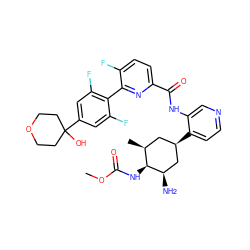 COC(=O)N[C@H]1[C@@H](C)C[C@@H](c2ccncc2NC(=O)c2ccc(F)c(-c3c(F)cc(C4(O)CCOCC4)cc3F)n2)C[C@H]1N ZINC000261151014