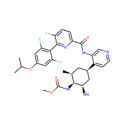 COC(=O)N[C@H]1[C@@H](C)C[C@@H](c2ccncc2NC(=O)c2ccc(F)c(-c3c(F)cc(OC(C)C)cc3F)n2)C[C@H]1N ZINC000261178745