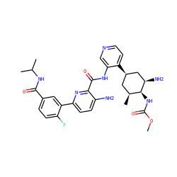 COC(=O)N[C@H]1[C@@H](C)C[C@@H](c2ccncc2NC(=O)c2nc(-c3cc(C(=O)NC(C)C)ccc3F)ccc2N)C[C@H]1N ZINC000261192430