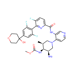 COC(=O)N[C@H]1[C@@H](C)CN(c2ccncc2NC(=O)c2ccc(F)c(-c3c(F)cc(C4(O)CCOCC4)cc3F)n2)C[C@H]1N ZINC000261153350