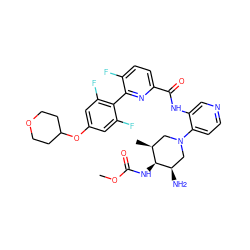 COC(=O)N[C@H]1[C@@H](C)CN(c2ccncc2NC(=O)c2ccc(F)c(-c3c(F)cc(OC4CCOCC4)cc3F)n2)C[C@H]1N ZINC000261184818