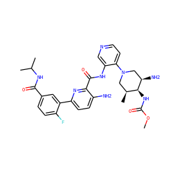 COC(=O)N[C@H]1[C@@H](C)CN(c2ccncc2NC(=O)c2nc(-c3cc(C(=O)NC(C)C)ccc3F)ccc2N)C[C@H]1N ZINC000261095418