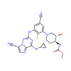 COC(=O)N[C@H]1CCN(c2cc(C#N)cc(Nc3nc(NC4CC4)c4ncc(C#N)n4n3)c2Cl)C[C@@H]1O ZINC000169711920