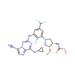COC(=O)N[C@H]1CN(c2cc(C(F)F)cc(Nc3nc(NC4CC4)c4ncc(C#N)n4n3)c2Cl)C[C@H]1OC ZINC000169711931