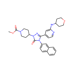 COC(=O)N1CCC(n2nc(-c3ccnc(NC4CCOCC4)c3)n(-c3ccc4ccccc4c3)c2=O)CC1 ZINC000066258682