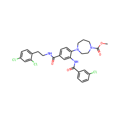 COC(=O)N1CCCN(c2ccc(C(=O)NCCc3ccc(Cl)cc3Cl)cc2NC(=O)c2cccc(Cl)c2)CC1 ZINC000028563284