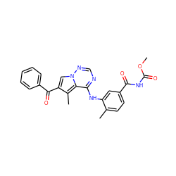 COC(=O)NC(=O)c1ccc(C)c(Nc2ncnn3cc(C(=O)c4ccccc4)c(C)c23)c1 ZINC000072175359