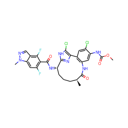 COC(=O)Nc1cc2c(cc1Cl)-c1nc([nH]c1Cl)[C@@H](NC(=O)c1c(F)cc3c(cnn3C)c1F)CCC[C@H](C)C(=O)N2 ZINC000203929599