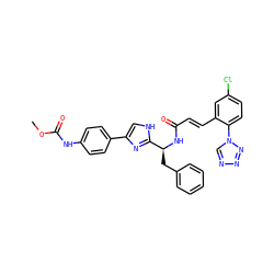 COC(=O)Nc1ccc(-c2c[nH]c([C@H](Cc3ccccc3)NC(=O)/C=C/c3cc(Cl)ccc3-n3cnnn3)n2)cc1 ZINC000115469270