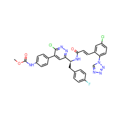 COC(=O)Nc1ccc(-c2cc([C@H](Cc3ccc(F)cc3)NC(=O)/C=C/c3cc(Cl)ccc3-n3cnnn3)nnc2Cl)cc1 ZINC000164454364