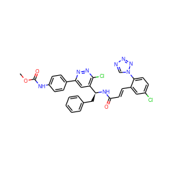 COC(=O)Nc1ccc(-c2cc([C@H](Cc3ccccc3)NC(=O)/C=C/c3cc(Cl)ccc3-n3cnnn3)c(Cl)nn2)cc1 ZINC000043207590