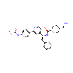 COC(=O)Nc1ccc(-c2cc([C@H](Cc3ccccc3)NC(=O)[C@H]3CC[C@H](CN)CC3)ccn2)cc1 ZINC000653733710