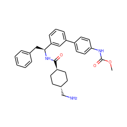 COC(=O)Nc1ccc(-c2cccc([C@H](Cc3ccccc3)NC(=O)[C@H]3CC[C@H](CN)CC3)c2)cc1 ZINC000653731184