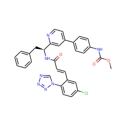 COC(=O)Nc1ccc(-c2ccnc([C@H](Cc3ccccc3)NC(=O)/C=C/c3cc(Cl)ccc3-n3cnnn3)c2)cc1 ZINC000115471865