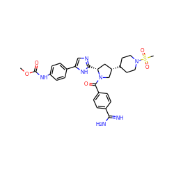 COC(=O)Nc1ccc(-c2cnc([C@@H]3C[C@H](C4CCN(S(C)(=O)=O)CC4)CN3C(=O)c3ccc(C(=N)N)cc3)[nH]2)cc1 ZINC000207279707