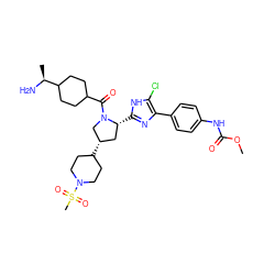 COC(=O)Nc1ccc(-c2nc([C@@H]3C[C@H](C4CCN(S(C)(=O)=O)CC4)CN3C(=O)C3CCC([C@H](C)N)CC3)[nH]c2Cl)cc1 ZINC000207279838