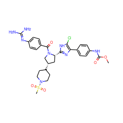 COC(=O)Nc1ccc(-c2nc([C@@H]3C[C@H](C4CCN(S(C)(=O)=O)CC4)CN3C(=O)c3ccc(N=C(N)N)cc3)[nH]c2Cl)cc1 ZINC000207279773