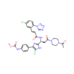 COC(=O)Nc1ccc(-c2nc([C@H](CC(=O)N3CCN(C(C)=O)CC3)NC(=O)/C=C/c3cc(Cl)ccc3-n3cnnn3)[nH]c2Cl)cc1 ZINC000203125481