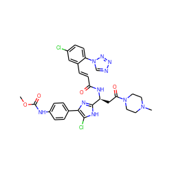 COC(=O)Nc1ccc(-c2nc([C@H](CC(=O)N3CCN(C)CC3)NC(=O)/C=C/c3cc(Cl)ccc3-n3cnnn3)[nH]c2Cl)cc1 ZINC000164469971