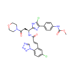 COC(=O)Nc1ccc(-c2nc([C@H](CC(=O)N3CCOCC3)NC(=O)/C=C/c3cc(Cl)ccc3-n3cnnn3)[nH]c2Cl)cc1 ZINC000164459263