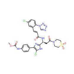 COC(=O)Nc1ccc(-c2nc([C@H](CC(=O)N3CCS(=O)(=O)CC3)NC(=O)/C=C/c3cc(Cl)ccc3-n3cnnn3)[nH]c2Cl)cc1 ZINC000164486344