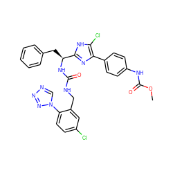 COC(=O)Nc1ccc(-c2nc([C@H](Cc3ccccc3)NC(=O)NCc3cc(Cl)ccc3-n3cnnn3)[nH]c2Cl)cc1 ZINC000115470948