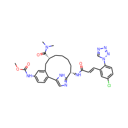 COC(=O)Nc1ccc2c(c1)C[C@H](C(=O)N(C)C)CCCC[C@H](NC(=O)/C=C/c1cc(Cl)ccc1-n1cnnn1)c1ncc-2[nH]1 ZINC000230574302