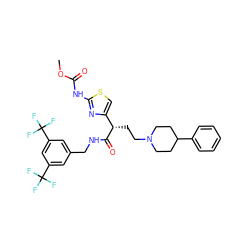 COC(=O)Nc1nc([C@H](CCN2CCC(c3ccccc3)CC2)C(=O)NCc2cc(C(F)(F)F)cc(C(F)(F)F)c2)cs1 ZINC000028702821