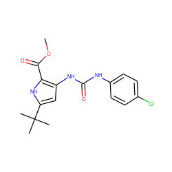 COC(=O)c1[nH]c(C(C)(C)C)cc1NC(=O)Nc1ccc(Cl)cc1 ZINC000028222338