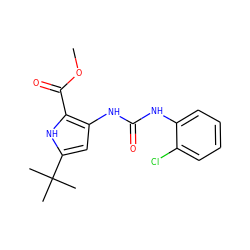 COC(=O)c1[nH]c(C(C)(C)C)cc1NC(=O)Nc1ccccc1Cl ZINC000028222342