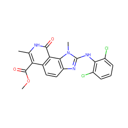 COC(=O)c1c(C)[nH]c(=O)c2c1ccc1nc(Nc3c(Cl)cccc3Cl)n(C)c12 ZINC000013494039