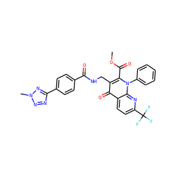 COC(=O)c1c(CNC(=O)c2ccc(-c3nnn(C)n3)cc2)c(=O)c2ccc(C(F)(F)F)nc2n1-c1ccccc1 ZINC000096170249