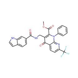 COC(=O)c1c(CNC(=O)c2ccc3cc[nH]c3c2)c(=O)c2ccc(C(F)(F)F)nc2n1-c1ccccc1 ZINC000169694284