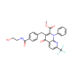 COC(=O)c1c(Cc2ccc(C(=O)NCCO)cc2)c(=O)c2ccc(C(F)(F)F)nc2n1-c1ccccc1 ZINC000095557832