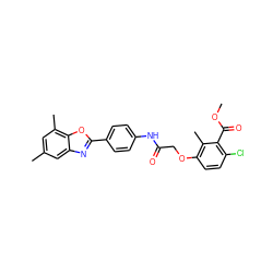 COC(=O)c1c(Cl)ccc(OCC(=O)Nc2ccc(-c3nc4cc(C)cc(C)c4o3)cc2)c1C ZINC000029050481
