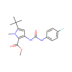 COC(=O)c1c(NC(=O)Nc2ccc(F)cc2)cc(C(C)(C)C)n1C ZINC000028223784