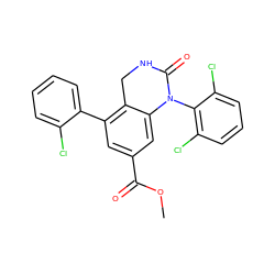 COC(=O)c1cc(-c2ccccc2Cl)c2c(c1)N(c1c(Cl)cccc1Cl)C(=O)NC2 ZINC000013487099