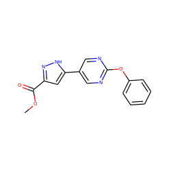 COC(=O)c1cc(-c2cnc(Oc3ccccc3)nc2)[nH]n1 ZINC000118626087