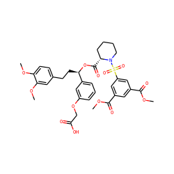 COC(=O)c1cc(C(=O)OC)cc(S(=O)(=O)N2CCCC[C@H]2C(=O)O[C@H](CCc2ccc(OC)c(OC)c2)c2cccc(OCC(=O)O)c2)c1 ZINC000084711405