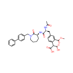 COC(=O)c1cc(C[C@H](NC(C)=O)C(=O)N[C@H]2CCCCN(Cc3ccc(-c4ccccc4)cc3)C2=O)ccc1C(C(=O)O)C(=O)O ZINC000026404442