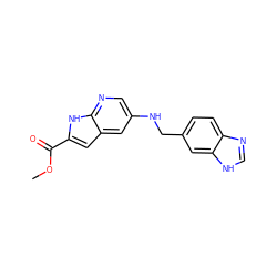 COC(=O)c1cc2cc(NCc3ccc4nc[nH]c4c3)cnc2[nH]1 ZINC000205521610