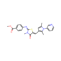 COC(=O)c1ccc(/N=C2/S/C(=C\c3cc(C)n(-c4cccnc4)c3C)C(=O)N2C)cc1 ZINC000008438760