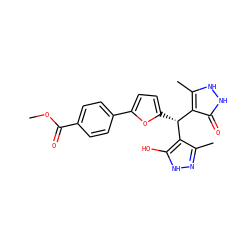 COC(=O)c1ccc(-c2ccc([C@@H](c3c(C)n[nH]c3O)c3c(C)[nH][nH]c3=O)o2)cc1 ZINC000004540780