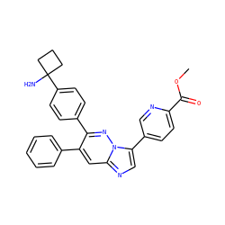 COC(=O)c1ccc(-c2cnc3cc(-c4ccccc4)c(-c4ccc(C5(N)CCC5)cc4)nn23)cn1 ZINC000146881400