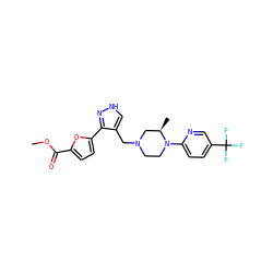 COC(=O)c1ccc(-c2n[nH]cc2CN2CCN(c3ccc(C(F)(F)F)cn3)[C@H](C)C2)o1 ZINC000115174834