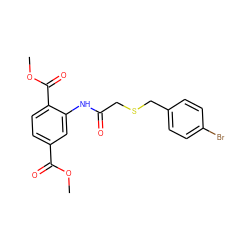 COC(=O)c1ccc(C(=O)OC)c(NC(=O)CSCc2ccc(Br)cc2)c1 ZINC000002882323
